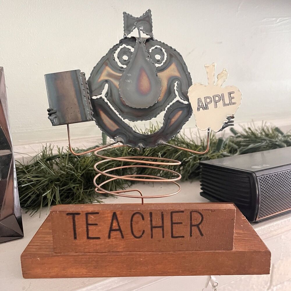 Vintage Wright Wiggle Sculpture Teacher Desk Sign Apple Metal Wood Note Holder